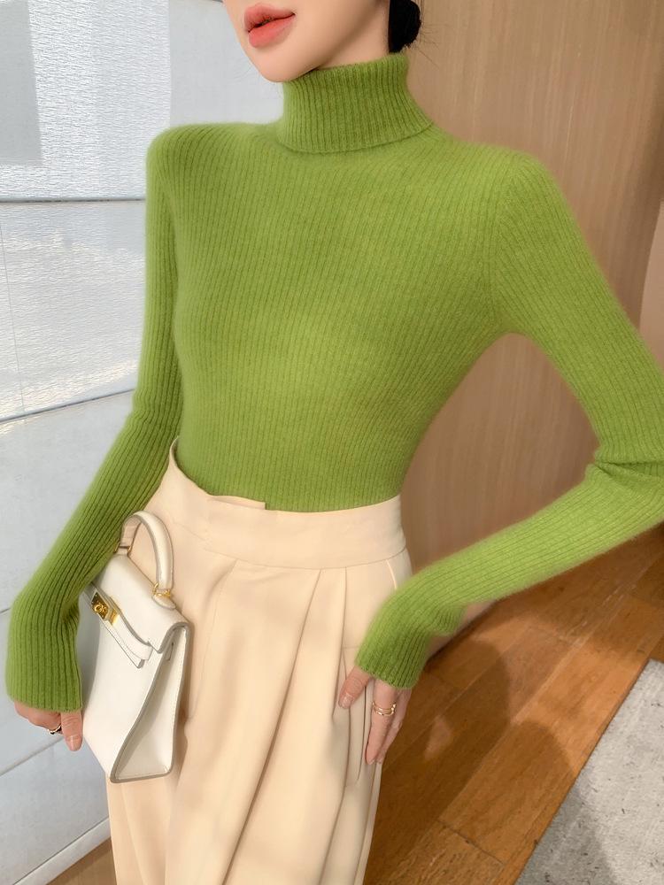 Women's Seamless Cashmere High-Neck Ribbed Sweater, Slim Fit, Body-Shaping, Slouchy Neck, Knit.