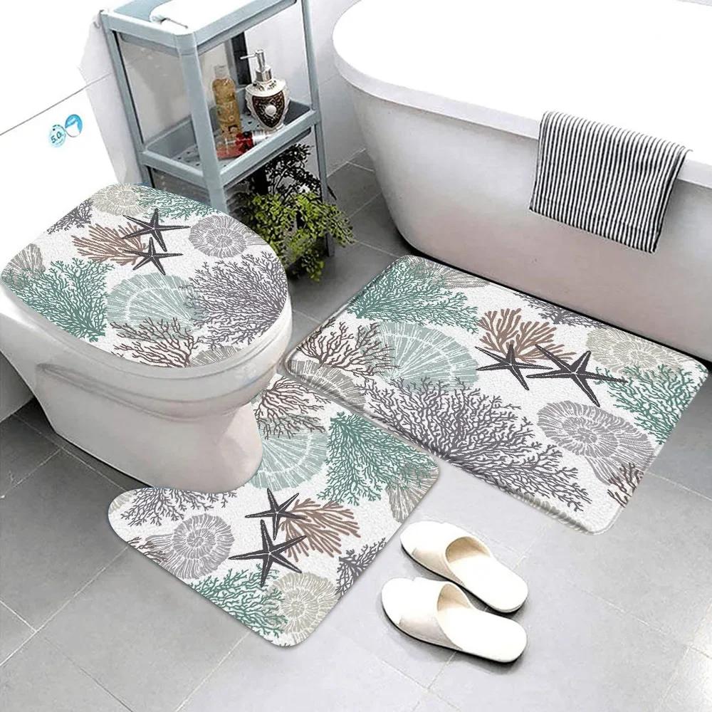 Starfish Seashell Coral Beach Theme Bathroom Rug Set Nautical Coast Underwater Creature Pattern Bath Mat Toilet Mat Bathtub Deco