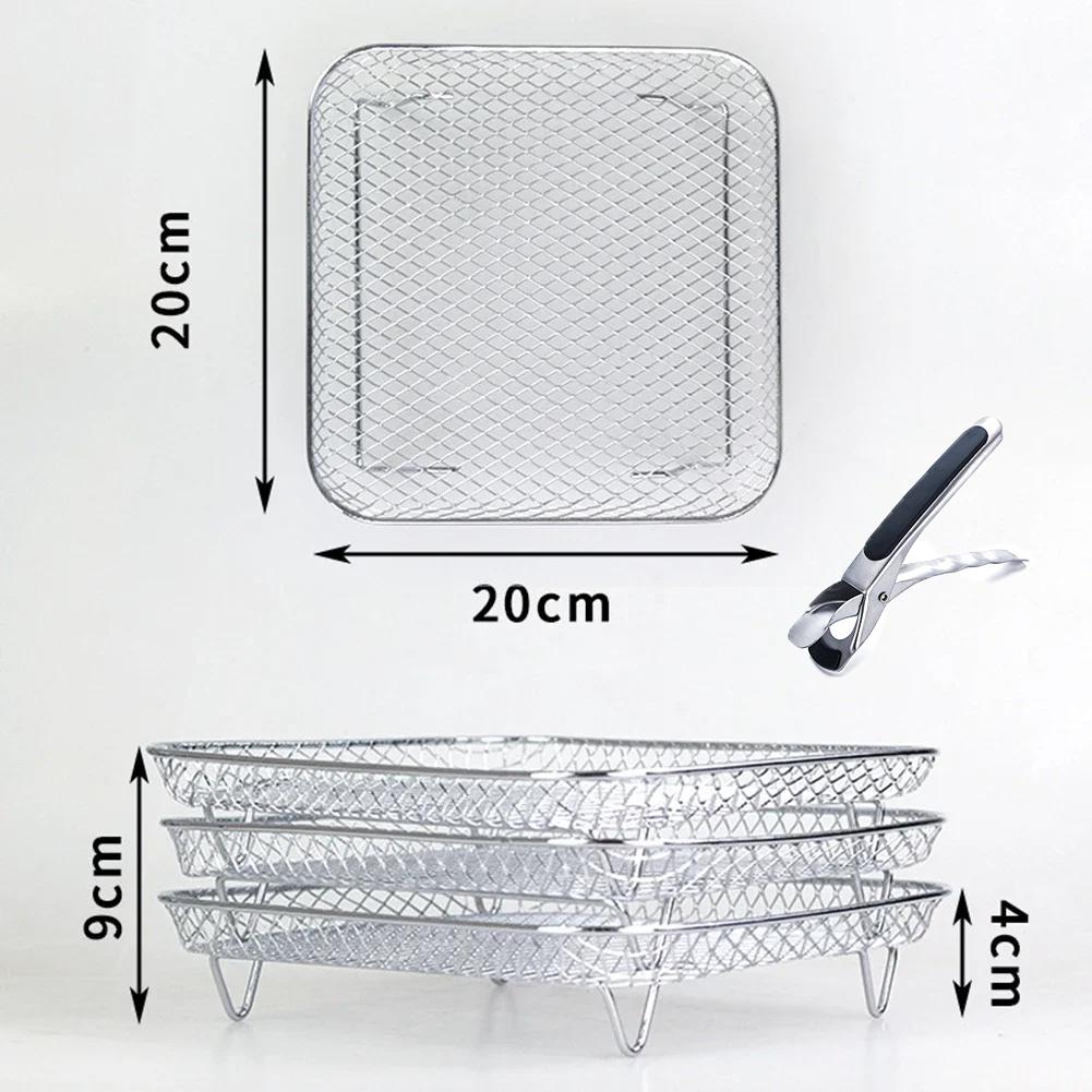 3-Layers Kitchen Air Fryers Rack Stainless Steel Oven Grilling Tray Shelf Square/Round Steamer Basket Home Cooking Accessories