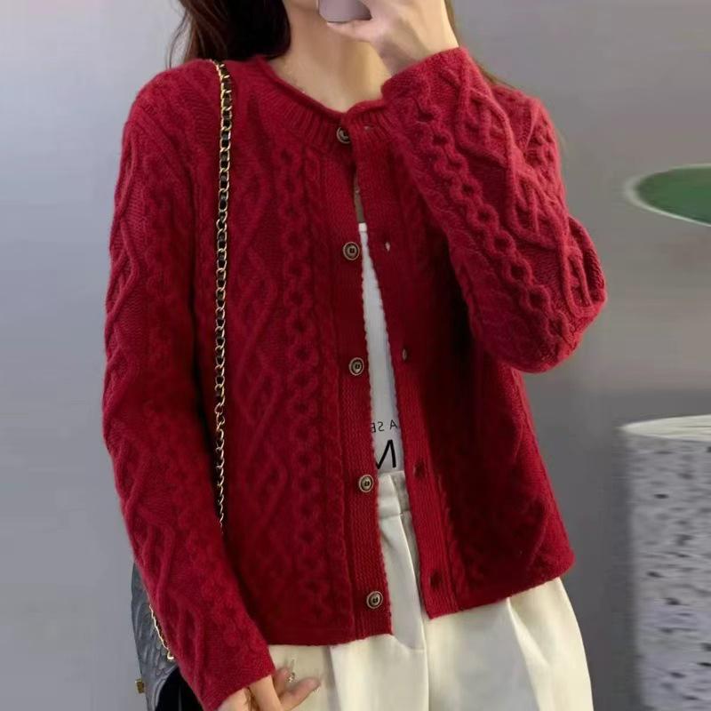 European-Style Heavy Cable-Knit Wool Cardigan for Women - Thick Coarse Wool Sweater Coat for Autumn and Winter 2026