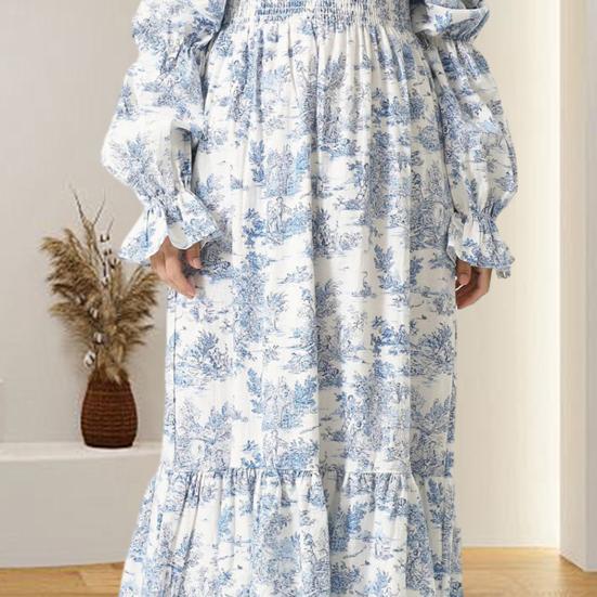 Женское платье макси с открытыми плечами, длинными рукавами-фонариками, квадратным вырезом, струящимся платьем в стиле бохо с цветочным принтом, присборенной талией, длинное платье