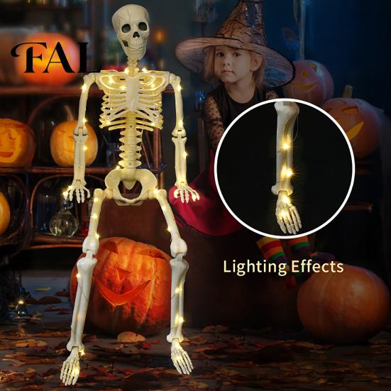 Cemetery Themed Landscaping 36 Inches LED Light Up Halloween Skeleton, 3FT Life Size Full Body Skeleton with Lights Posable Plastic Human Bones