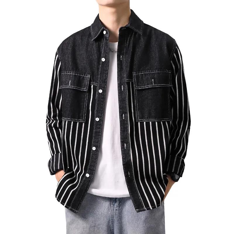 Весна Осень Мужская Мода Джинсовые Рубашки Мужские С Длинным Рукавом Повседневная Хлопковая Рубашка Мужские Полосатые Уличные Топы Отложной Воротник Блузка