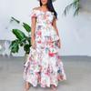 Women's Summer Round Neck Long Sleeve Printed Ruffle Long Dresses
