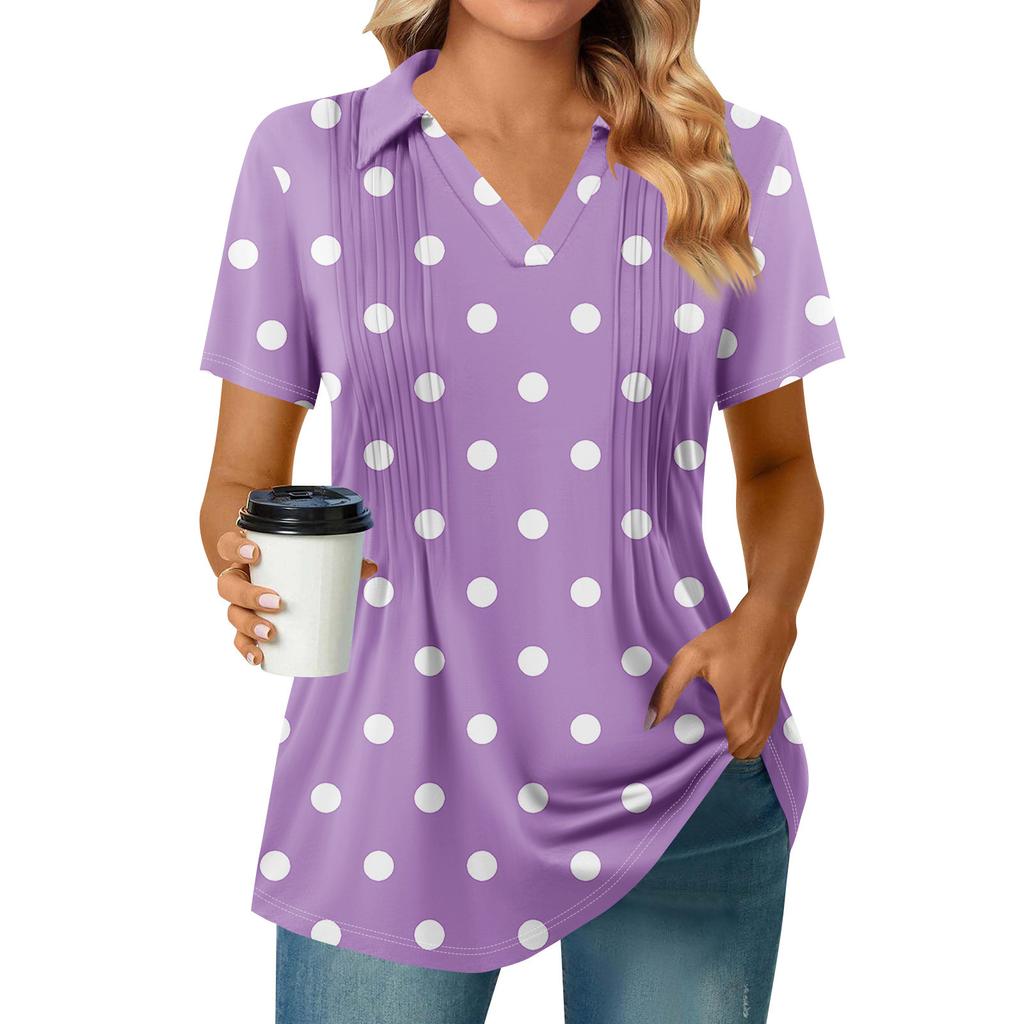 Женские футболки с коротким рукавом, плиссированные, с V-образным вырезом, с принтом, с воротником, летние топы, модные, деловые, повседневные, рабочие