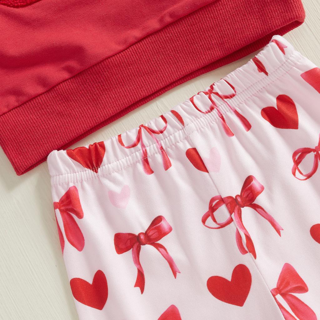 Toddler Girls Valentine's Day Sets Letter Embroidered Ruffled Long Sleeve Sweatshirt Heart Bow Flare Pants 2-Piece Outfits