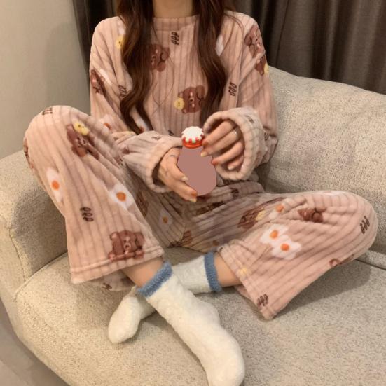 2 Pcs/Set Women Winter Pajamas Set Round Neck Cartoon Bear And Peach Pattern Long