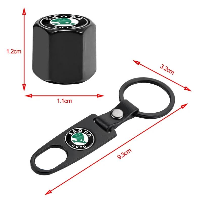 CXUX8 Car Wheel Tire Valve Stems Cap With Keychain Keyring Badge For Skoda A2 Octavia Superb Rapid Kodiaq Karoq Fabia Kamiq Roomster