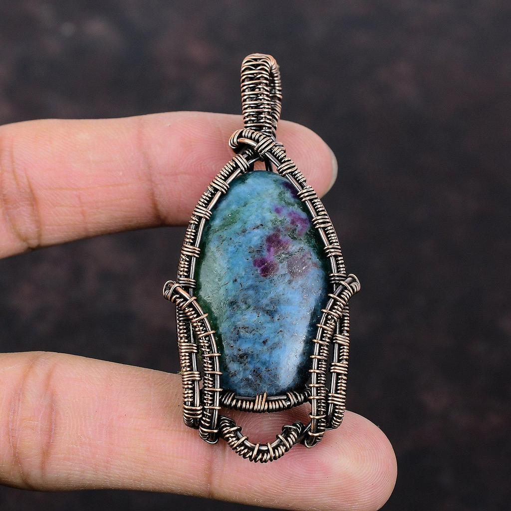 Ruby In Blue Kyanite Pendant Copper Wire Wrapped Jewelry Real Gemstone Pendant Copper Wire Wrapped Pendant Handmade Pendant Jewelry For Gift