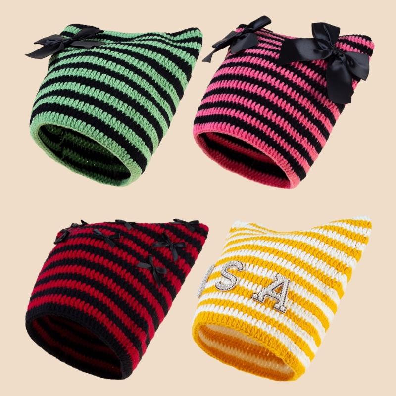 Crochet Stripe Pattern Hat Handmade Cat Ear Hat Winter Warmer Knitted Hat Cold Winter Presents for Students Teenagers