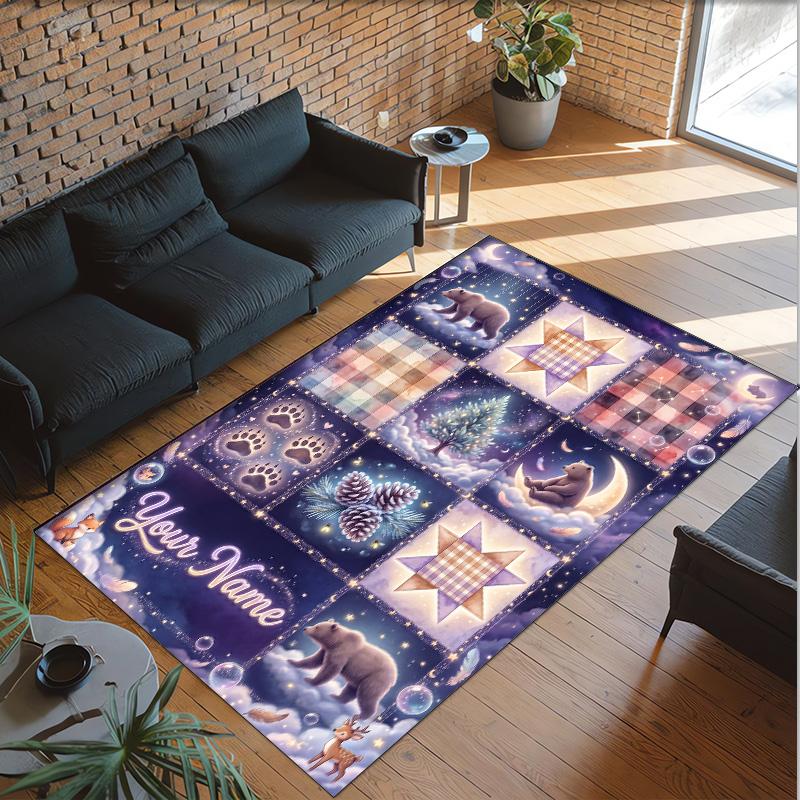 Teddy Bear Theme Crystal Velvet Rug Personalized Custom Name Text Soft Floor Mat Home Decor