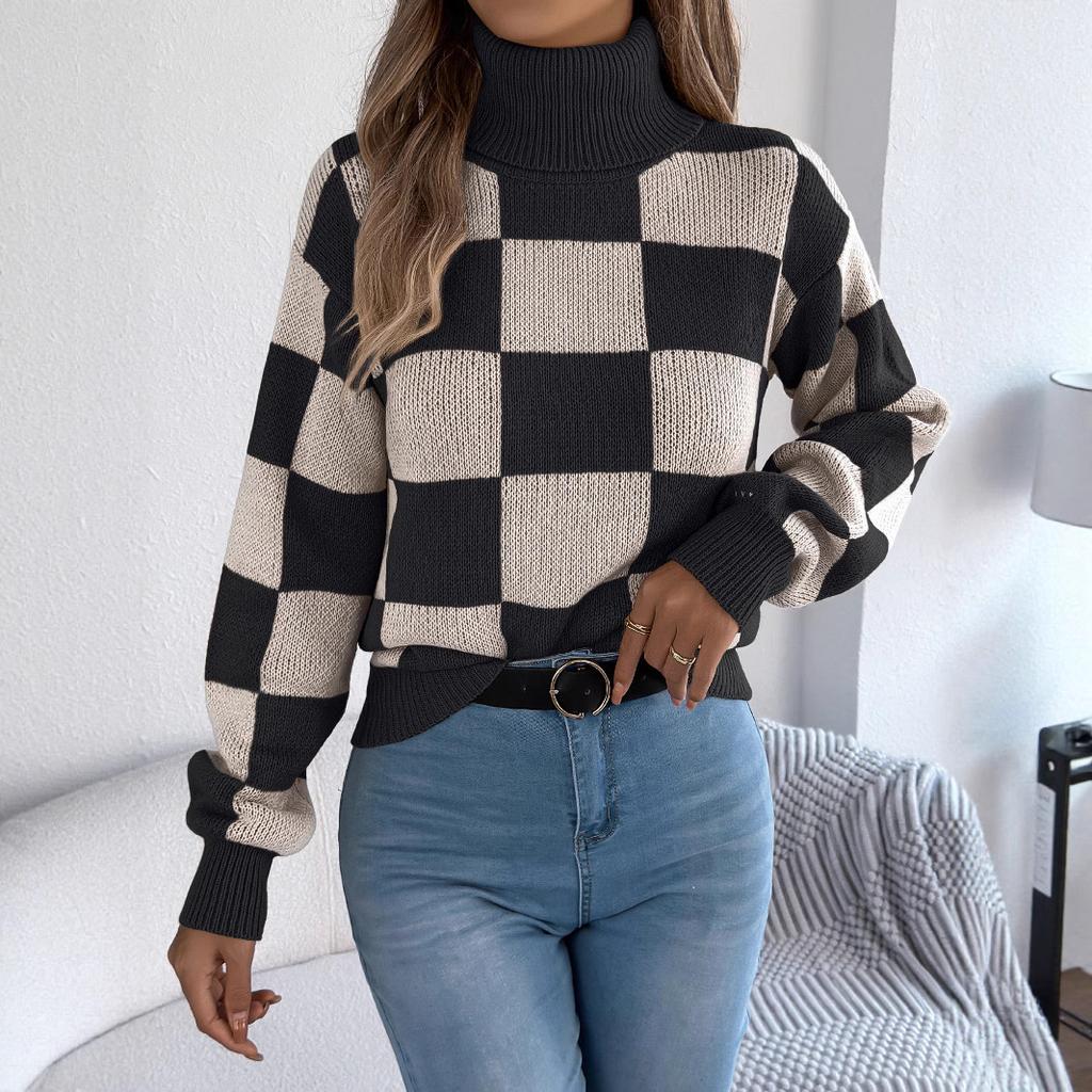 GMXIA Autumn and Winter Casual High-neck Contrasting Color Checkered Lantern Long-sleeved Sweater Women's Wear