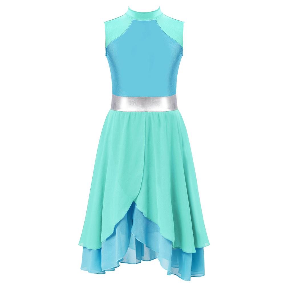 Girls Praise Dance Dress Color Block Mock Neck Sleeveless Tiered Wrap Hem Lyrical Performance Gown