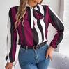 Women Spring Autumn Temperament Stripe Print Bow Collar Long Sleeve Shirt Blouses