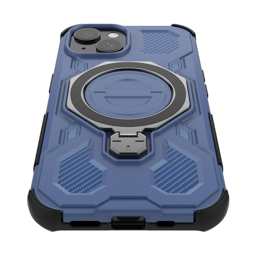 For iPhone 15 Magnetic Case Rotating Metal Kickstand Shockproof PC+TPU Phone Back Cover