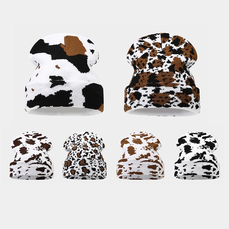 European and American fashion cow pattern jacquard knitted hat new thickened men's and women's autumn and winter big head circumference warm wool hat