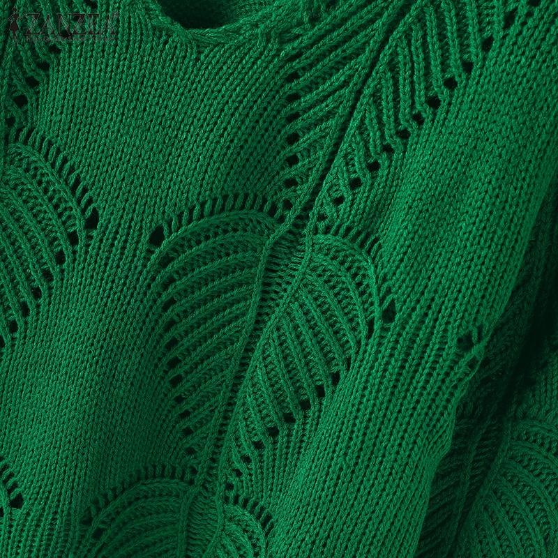 ZANZEA Осенние женские пуловеры с V-образным вырезом, длинными рукавами и ажурной вязкой