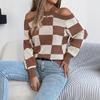 QICED Autumn and Winter Casual Off-the-shoulder, Color-blocking Checkered Lantern Long-sleeved Sweater Women's Wear