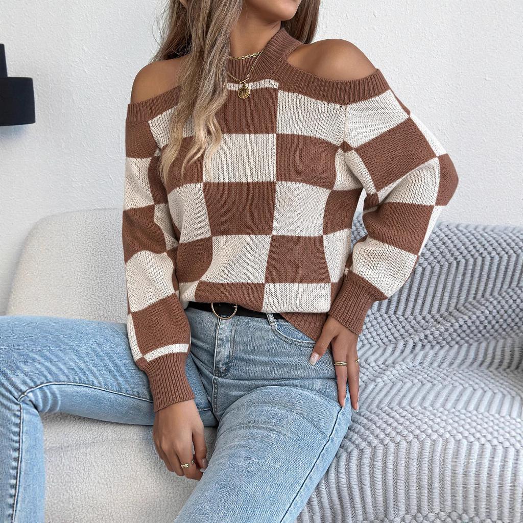 QICED Autumn and Winter Casual Off-the-shoulder, Color-blocking Checkered Lantern Long-sleeved Sweater Women's Wear