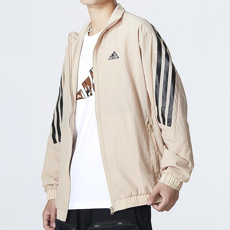 Men's adidas Fi Wv Tt Athleisure Casual Sports Woven Stripe Jacket Khaki HU1514