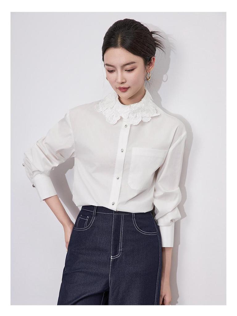 Французская мода Вышитая хлопковая женская рубашка с длинным рукавом и отложным воротником