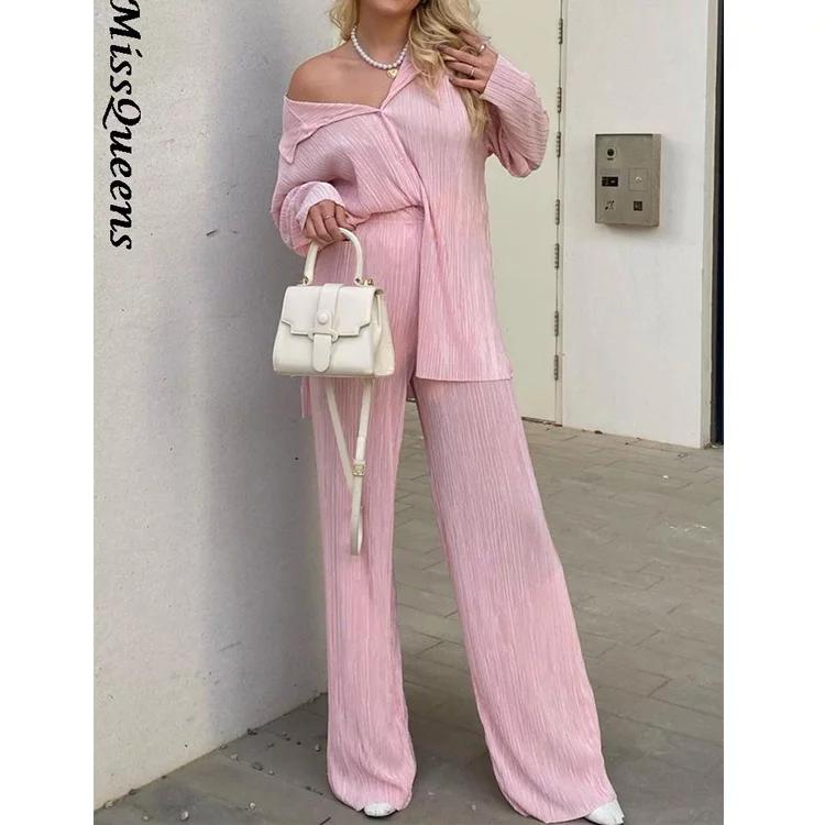 Женский элегантный плиссированный комплект из двух предметов, свободные блузки с длинными рукавами и широкие брюки с высокой талией, костюм, женская повседневная одежда