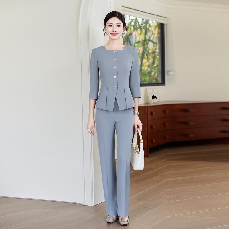 Women's Blue-grey 3/4 Sleeve Business Suit Set