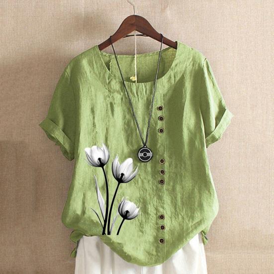 Женская летняя футболка с короткими рукавами и круглым вырезом, пуловер с пуговицами, декор с цветочным принтом, винтажный стиль, женский топ
