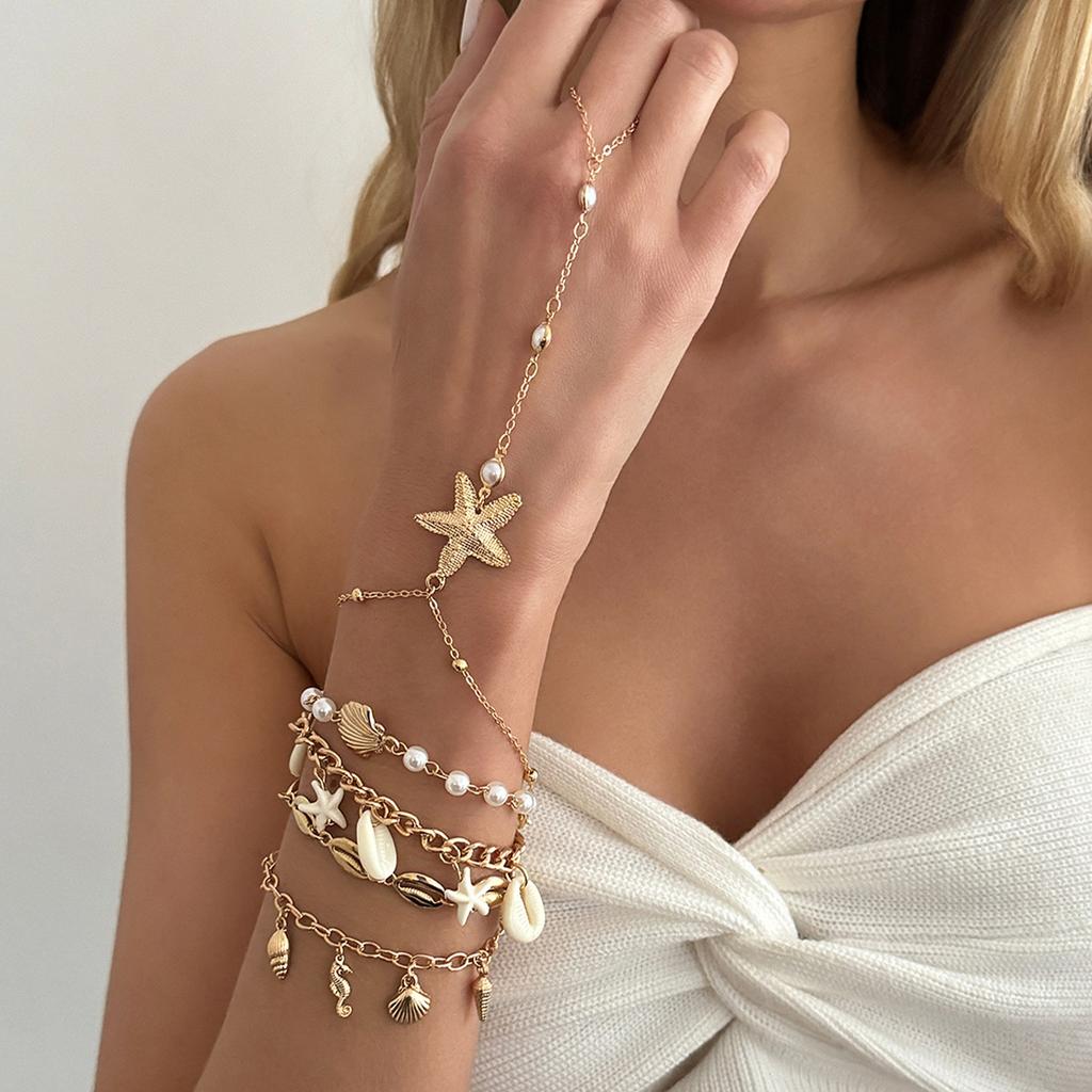 Holiday Style Starfish Shell Pendant, Finger Bracelet, Ocean Ins, Imitation Pearl Chain, Back Chain, Female