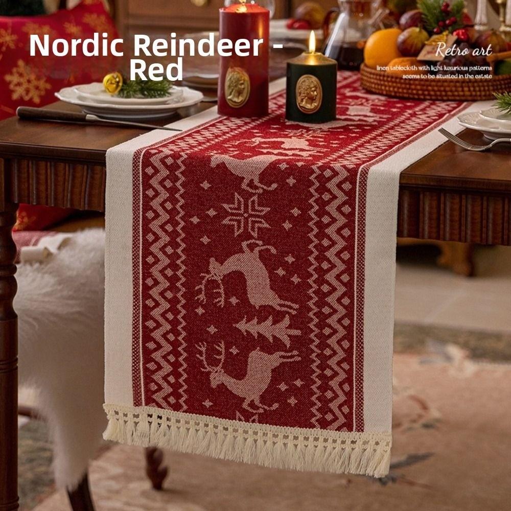 Прямоугольная Рождественская скатерть-дорожка Утолщенная с принтом Рождественской елки и лосей Настольный флаг Моющаяся Рождественская настольная декорация