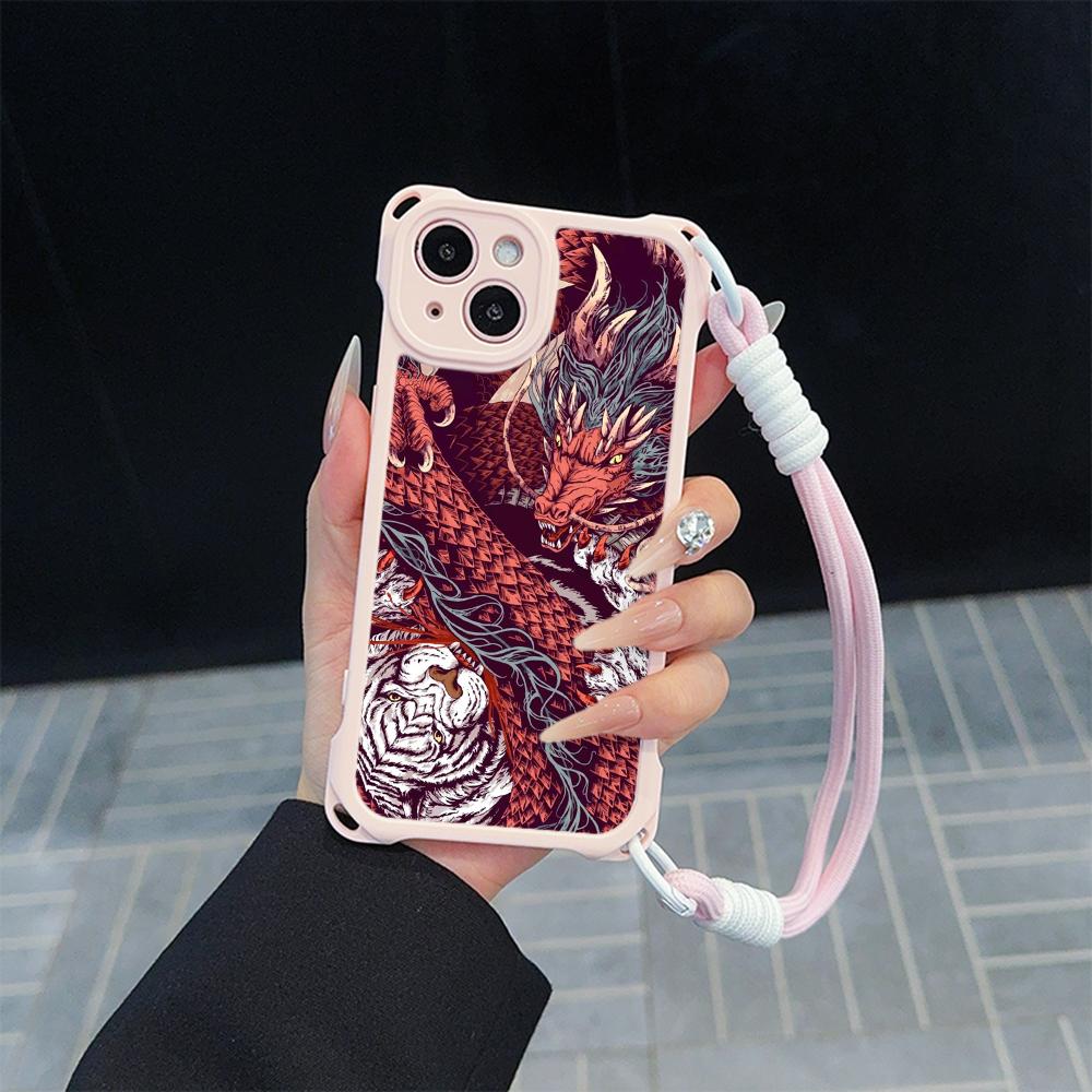 Ae77 Dragon Design Art Soft Phone Cases for iPhone 16 15 14 13 12 11 Pro Max 7 8 Plus XR XS Max with Wrist Strap Lanyard Corner Protection Back Cover