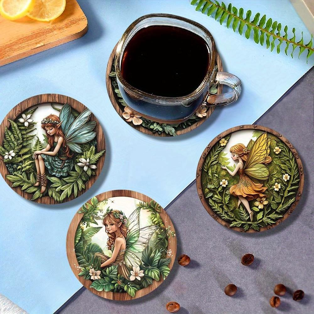 6 Pieces 2D Wooden Coasters Green Elf Pattern Theme Desktop Heat Mats Home Decor Coffee Mug Coasters For Office Restaurant