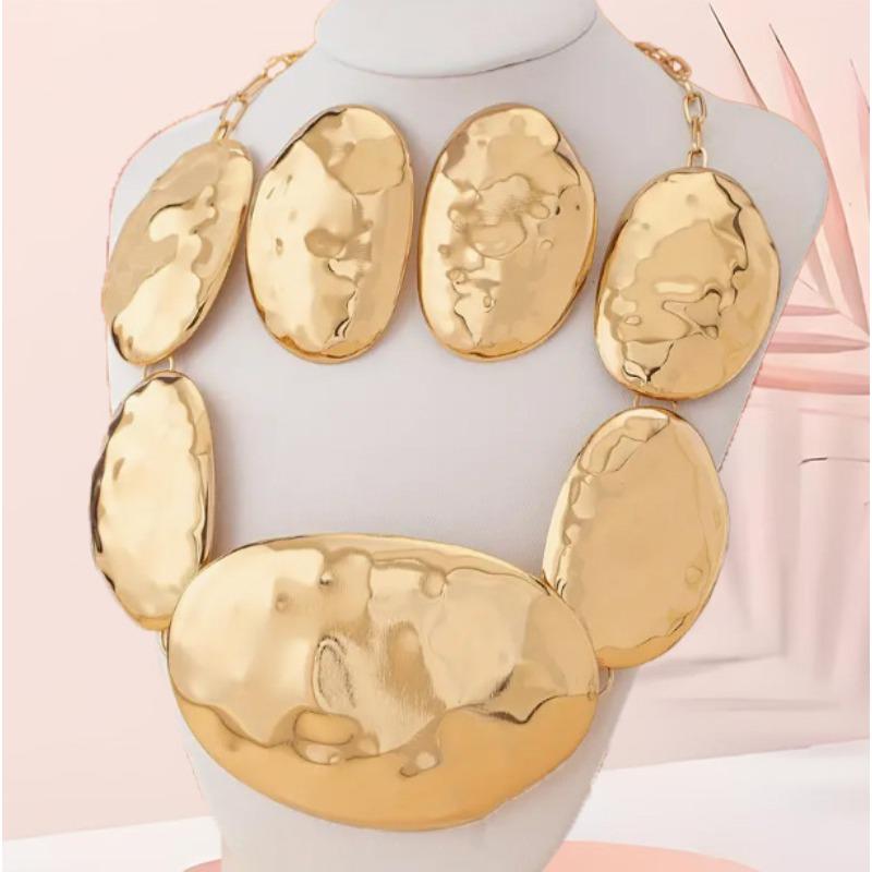 Неправильной овальной формы Металлический Глянцевый Геометрический узор Набор украшений Ювелирные изделия Серьги-пусеты Ожерелье