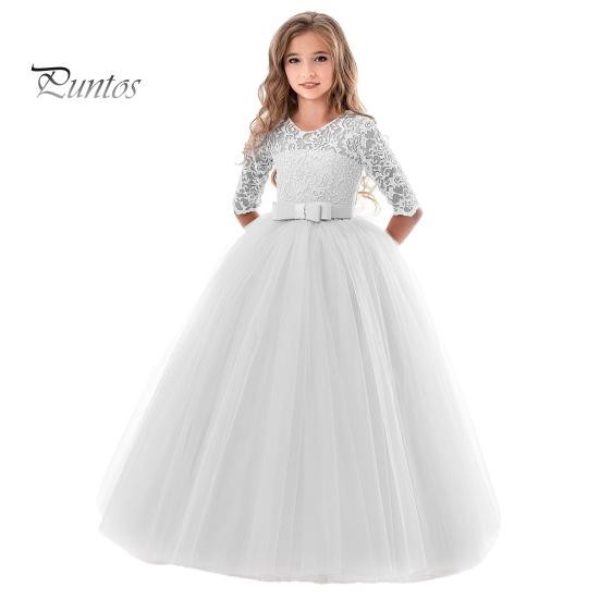 Платье принцессы для девочек с цветочным кружевом и половиной рукавов с круглым вырезом и бантом, элегантное детское пышное тюлевое длинное платье макси, свадебное торжество, вечеринка, выпускной, торжественный бал