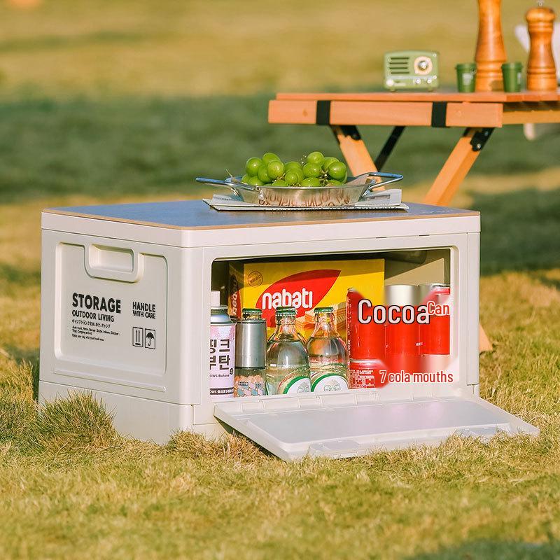 Folding Camping Storage Box with Wooden Lid - Outdoor Picnic & Car Trunk Organizer