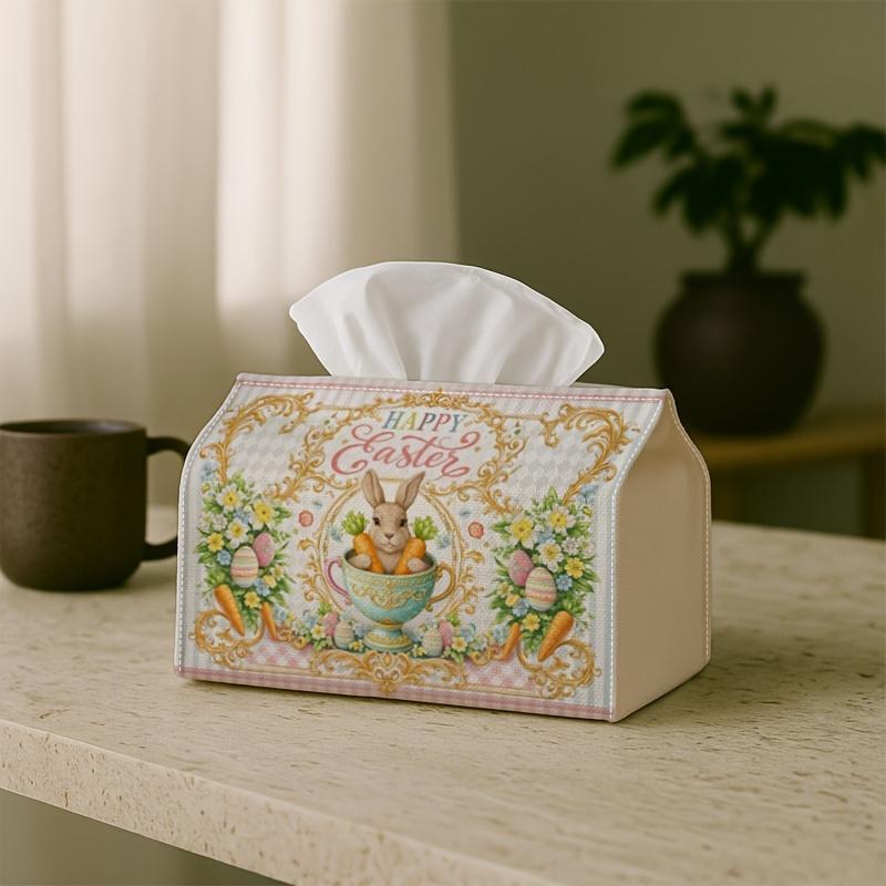 1pc Vintage Folk Easter Tissue Box Cover, Featuring a Bunny Egg Basket Design with Floral Patterns, Perfect for Decorating Your Living Room, Dining Ro