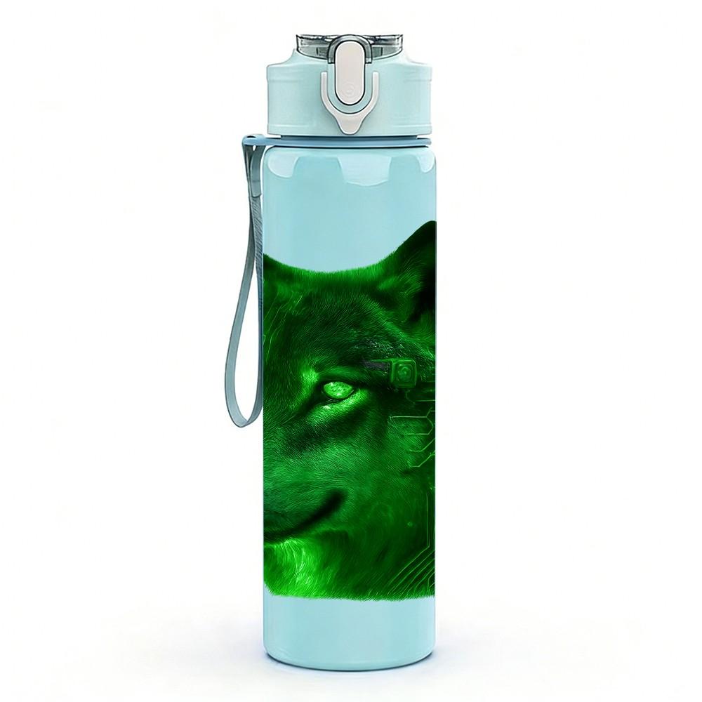 1PC Glowing Green Wolf Head Portrait Print 750ml Color Plastic Sports Water Bottle Leakproof Flip Straw Lid Suitable for Sports Office Home Use