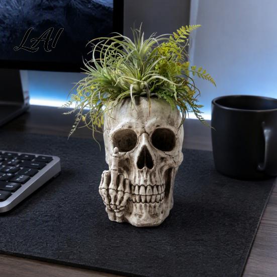 Vintage Weathered Statue Gothic Skull Planter with Middle Finger Design Resin Skeleton Flower Pot for Succulents Funny Plant Ornament Halloween Home