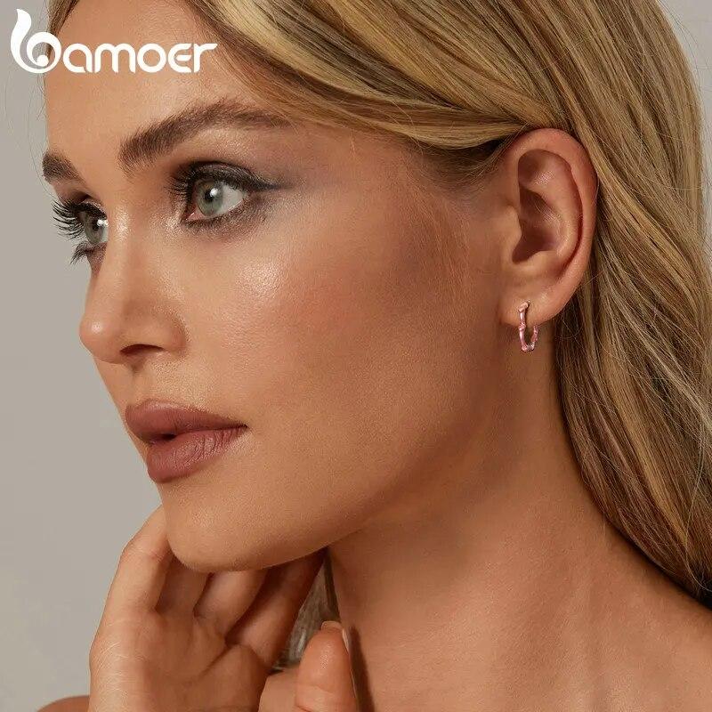 BAMOER, стерлингового серебра 925 пробы, розовые серьги-кольца в форме сердца, двухцветные серьги-кольца для женщин, вечерние милые изящные ювелирные изделия, подарок