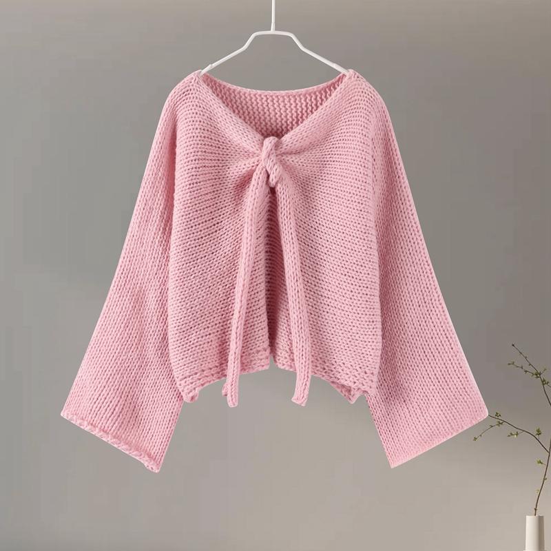 Женский осенне-зимний милый и симпатичный свитер с V-образным вырезом и бантом, вязаный свитер с объемной вязкой, кардиган, куртка