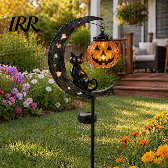 Retro Iron Crescent Moon Pumpkin Light Black Cat Halloween Stake Light, Solar Metal Lantern with LED Courtyard Decoration Warm Glow, Spooky Yard Decor