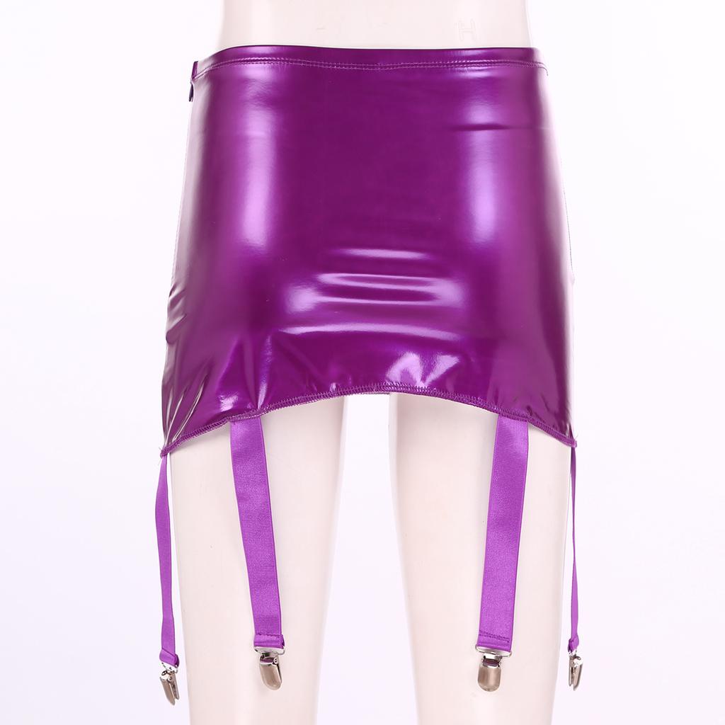 Womens Wet Look Patent Leather Garter Belt Skirt High Waist Suspenders with Metal Buckle Clips Plus Size