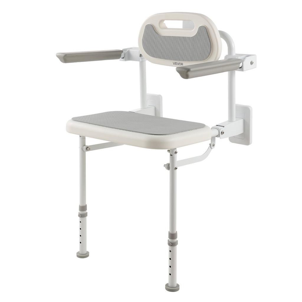 Foldable Shower Chair Wall Mounted, 457mm Folding Shower Seat with Backrest, Armrest & Adjustable Legs, HDPE Fold-Down Bathroom Chair Stainless Steel