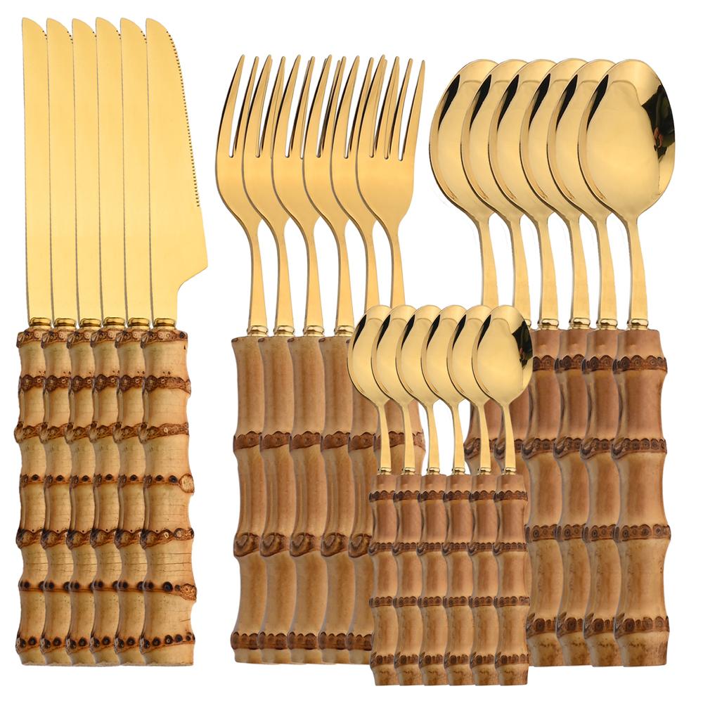 6//24Pcs Dinnerware Sets Bamboo Handle Stainless Steel Creative Flatware Set Knife Fork Spoon Tableware Set Luxury Cutlery Rack