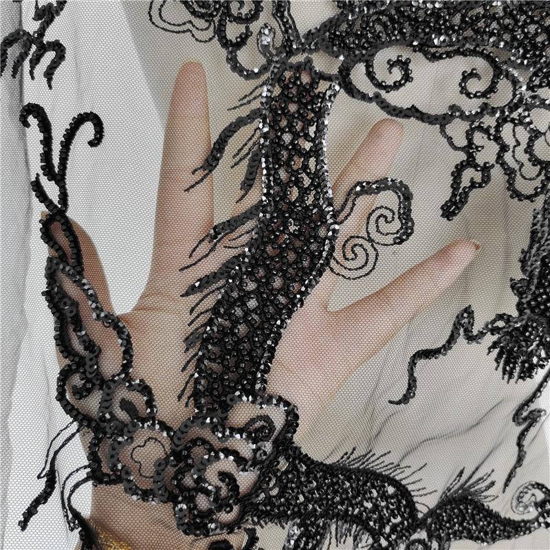 Новое сексуальное роскошное черное сетчатое платье с вышивкой из бисера, аппликация, нашивка с блестками, благоприятное платье с облаком и драконом, ткань с аппликацией на спине