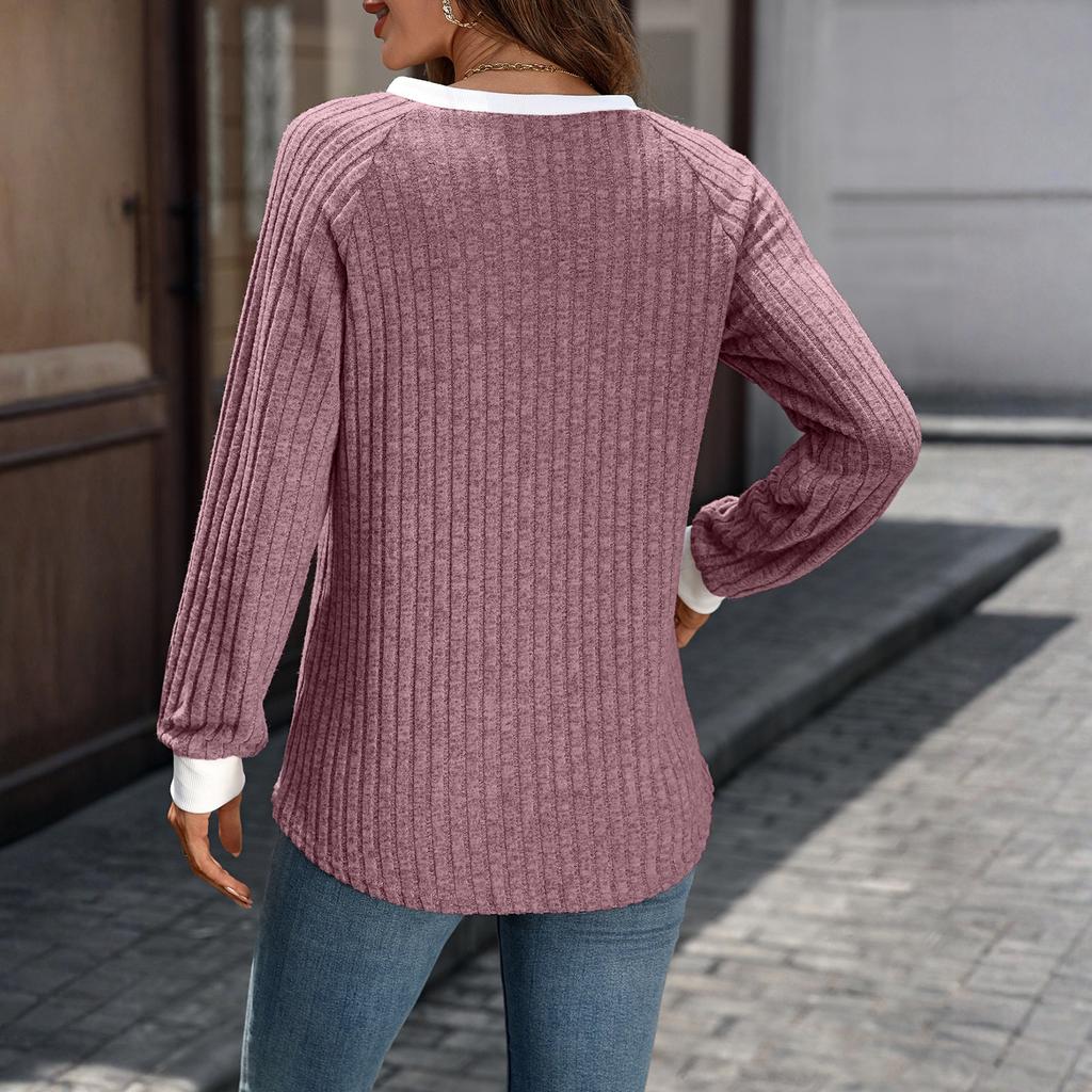 Женский повседневный и модный топ с V-образным вырезом, контрастной расцветкой и длинными рукавами