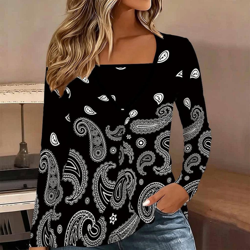 Топы для женщин Ретро-принт С длинным рукавом Имитация двойки Осенний повседневный Узкий пуловер Женский топ с длинным рукавом