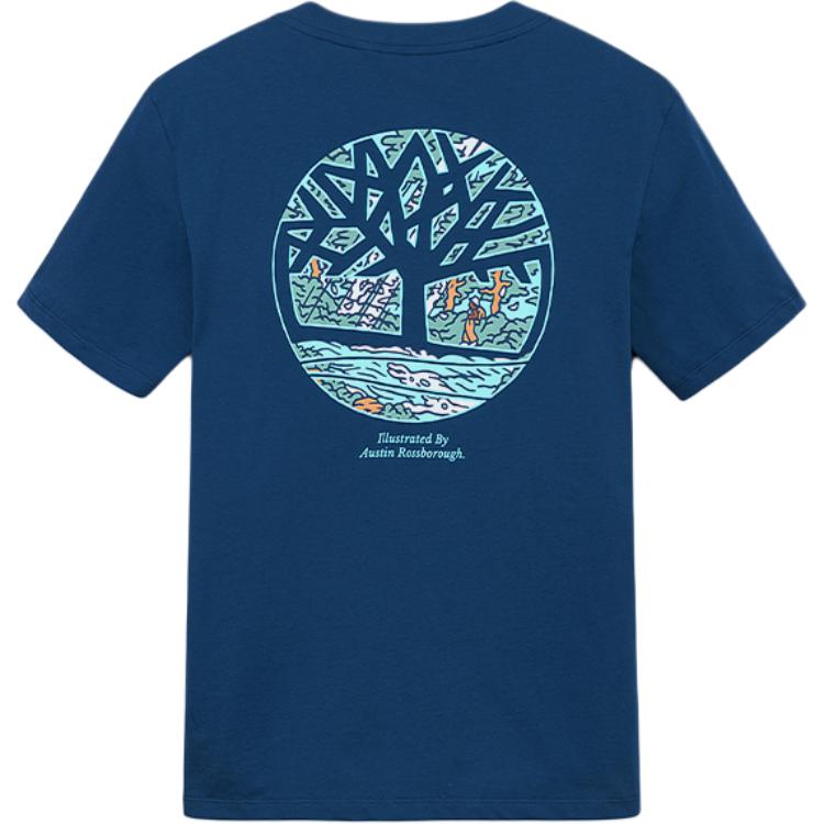 Timberland Дышащая Удобная Футболка с Принтом, с Коротким Рукавом, Морская, с Круглым Вырезом, Унисекс, Топы, Насыщенный Индиго A6A4K-288