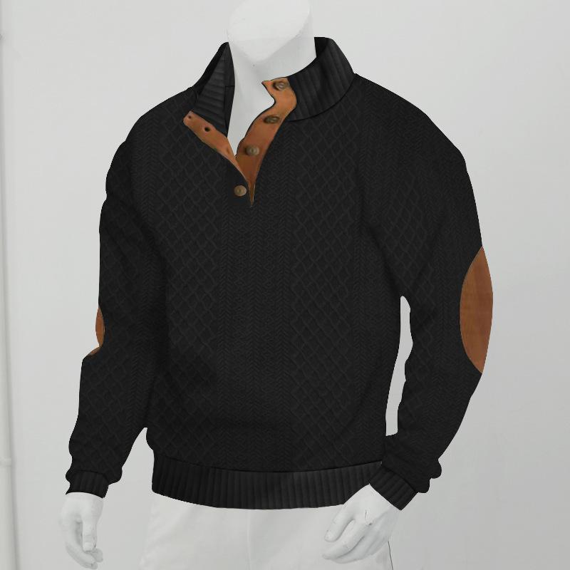 Men's Autumn/Winter Jacquard Knit Pullover Sweatshirt with Standing Collar and Leather Elbow Patches