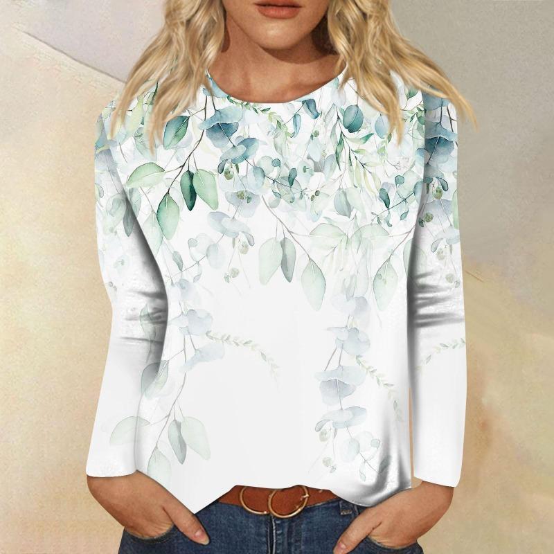 Женская мода повседневная с длинным рукавом цветочный принт круглый вырез пуловер топ блузка футболки женские